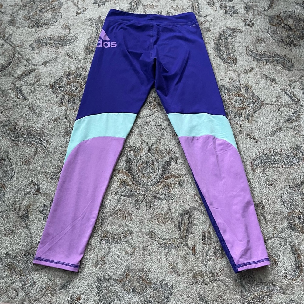 Adidas Leggings Girls Size 10/12 Purple Aqua Green Logo - Picture 5 of 8